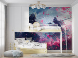 Samurai battle mural making statement in teen bedroom with dark furniture