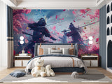 Cherry blossom warrior mural transforming office space with Asian flair