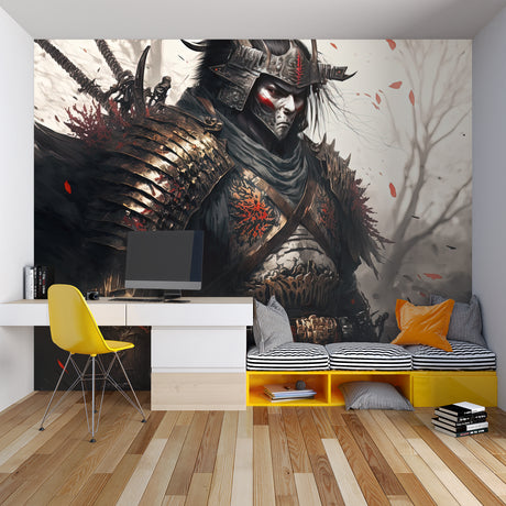 Samurai warrior wallpaper creating dramatic atmosphere in modern living room with black furniture