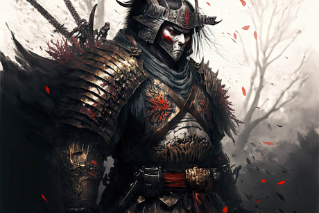 Design file showing detailed samurai warrior pattern with red accents on dark background