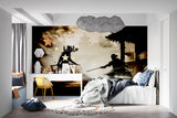 Japanese Samurai battle mural displayed in modern gaming room with dramatic lighting