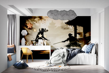 Japanese Samurai battle mural displayed in modern gaming room with dramatic lighting