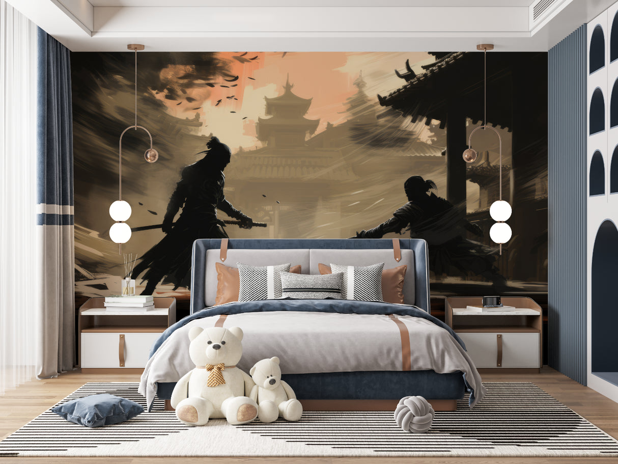 Samurai wallpaper creating striking impact in teen bedroom with gaming setup