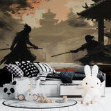 Japanese warrior wallpaper making statement in home office space