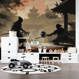 Samurai battle mural adding drama to modern living room setting