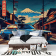 Japanese street scene wallpaper in modern teen bedroom showing sports car and Mount Fuji