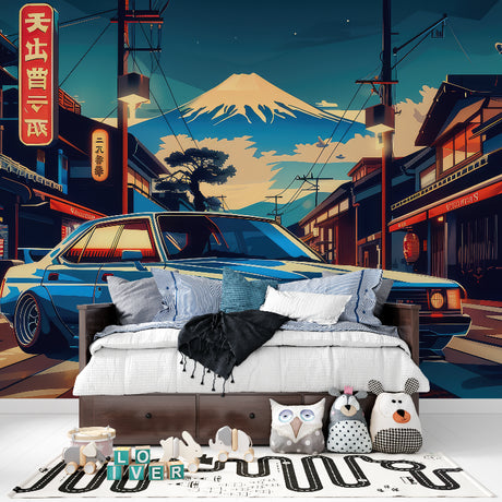Japanese street scene wallpaper in modern teen bedroom showing sports car and Mount Fuji