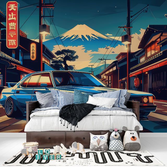 Japanese street scene wallpaper in modern teen bedroom showing sports car and Mount Fuji