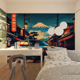 Japanese urban wallpaper in gaming room with neon lighting effects
