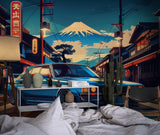 Retro sports car wallpaper in living room showing Mount Fuji sunset scene