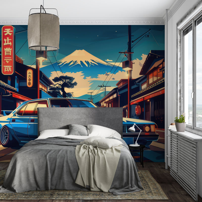 Japanese street art mural in office space featuring vintage car design