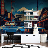 Urban Japanese wallpaper in man cave showing sports car and city lights