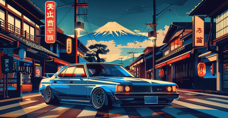 Design file showing detailed Japanese street scene with sports car and Mount Fuji pattern