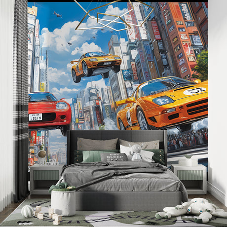 Japanese street racing wallpaper in modern gaming room showing anime cars and neon city lights