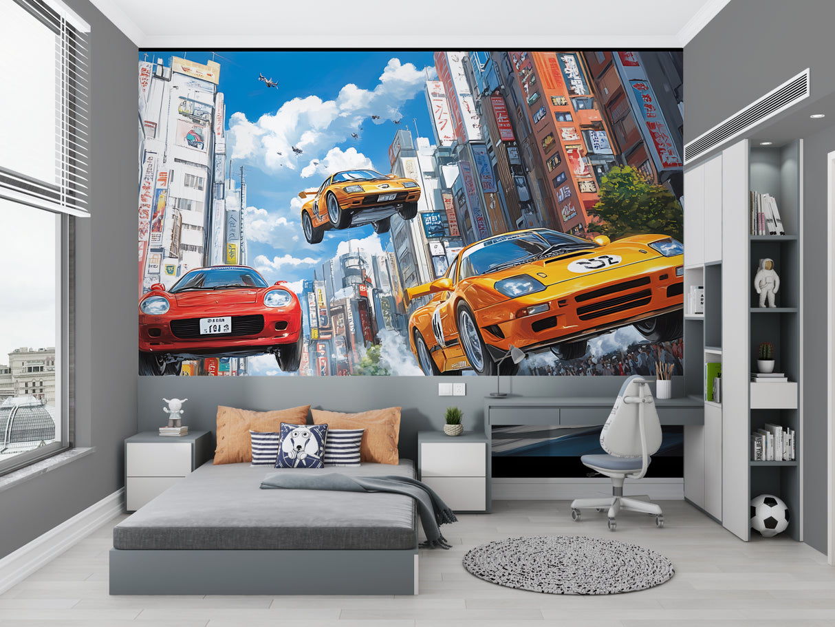 Anime car wallpaper creating bold impact in teen bedroom with urban racing theme