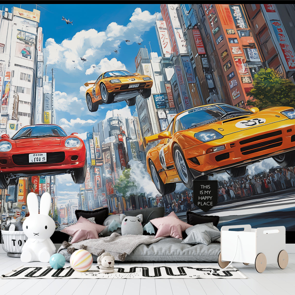 Street racing wallpaper installation in contemporary office space showing dynamic car design