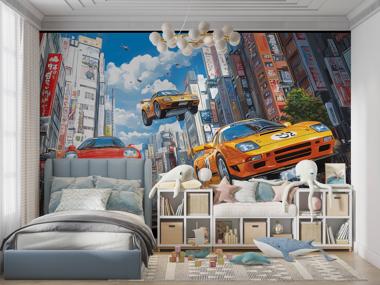 Japanese anime wallpaper featuring street racing scene in stylish man cave setup