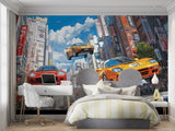 Urban anime car mural displayed in entertainment room with gaming setup