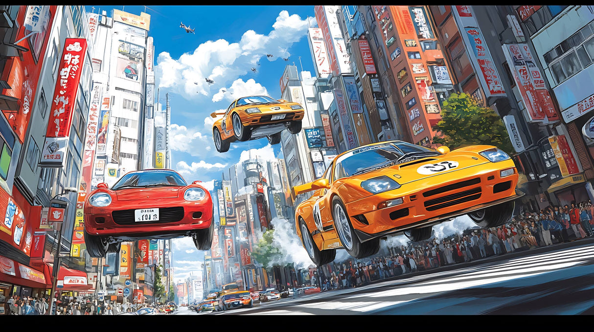 Design file of Japanese street racing wallpaper showing detailed anime cars and city elements