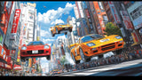 Design file of Japanese street racing wallpaper showing detailed anime cars and city elements
