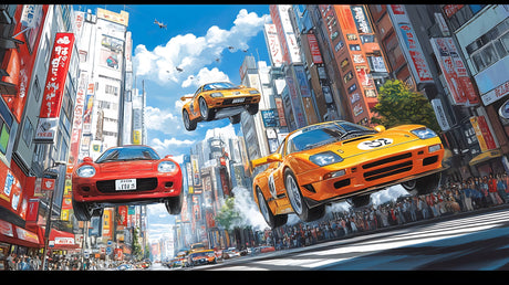 Design file of Japanese street racing wallpaper showing detailed anime cars and city elements