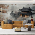Japanese temple wallpaper creating a peaceful atmosphere in a modern living room, cherry blossoms frame the space
