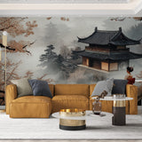 Japanese temple wallpaper creating a peaceful atmosphere in a modern living room, cherry blossoms frame the space