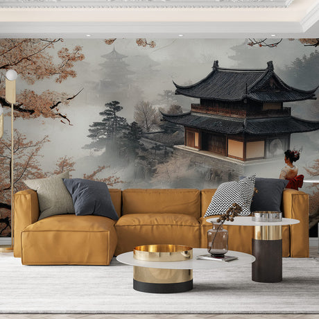 Japanese temple wallpaper creating a peaceful atmosphere in a modern living room, cherry blossoms frame the space