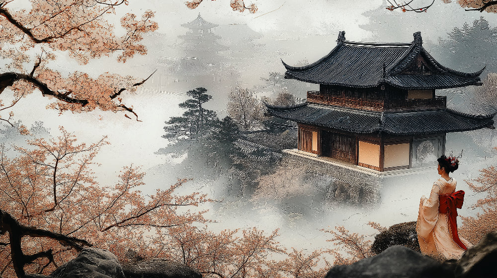 Japanese temple and cherry blossom design file showing full misty landscape pattern