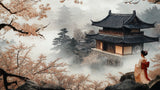 Japanese temple and cherry blossom design file showing full misty landscape pattern