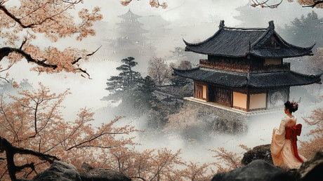Japanese temple and cherry blossom design file showing full misty landscape pattern