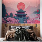 Japanese temple wallpaper creating a stunning backdrop in a modern living room, pink cherry blossoms reflecting on furniture