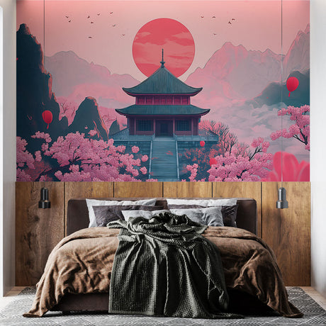 Japanese temple wallpaper creating a stunning backdrop in a modern living room, pink cherry blossoms reflecting on furniture