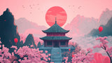 Japanese temple and cherry blossom design file with detailed sunset scene and pagoda