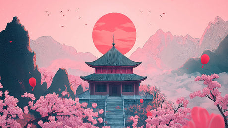Japanese temple and cherry blossom design file with detailed sunset scene and pagoda