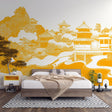 Japanese temple wallpaper displayed in a minimalist living room, showing golden Asian landscape design against white walls