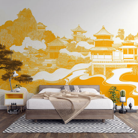 Japanese temple wallpaper displayed in a minimalist living room, showing golden Asian landscape design against white walls