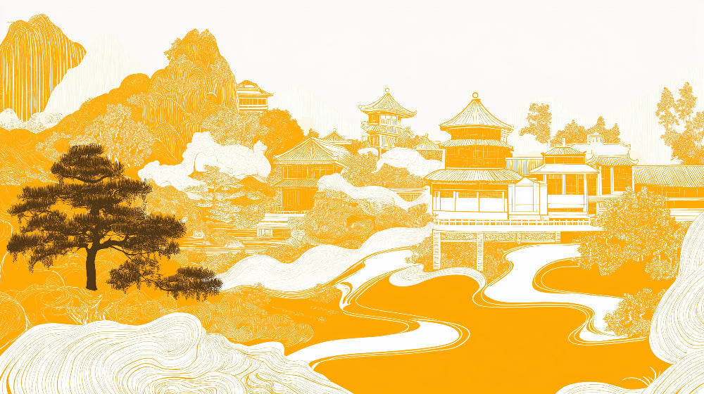 Japanese temple design file showing detailed golden Asian landscape pattern and temple architecture