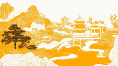 Japanese temple design file showing detailed golden Asian landscape pattern and temple architecture