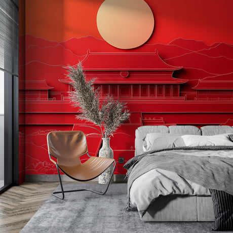 Japanese temple wallpaper creating a stunning focal point in a modern minimalist living room with red accent lighting