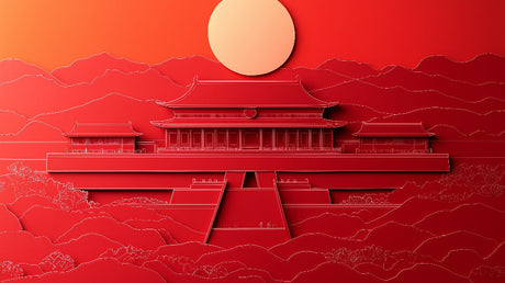 Japanese temple design file showing detailed red line art pattern with rising sun motif