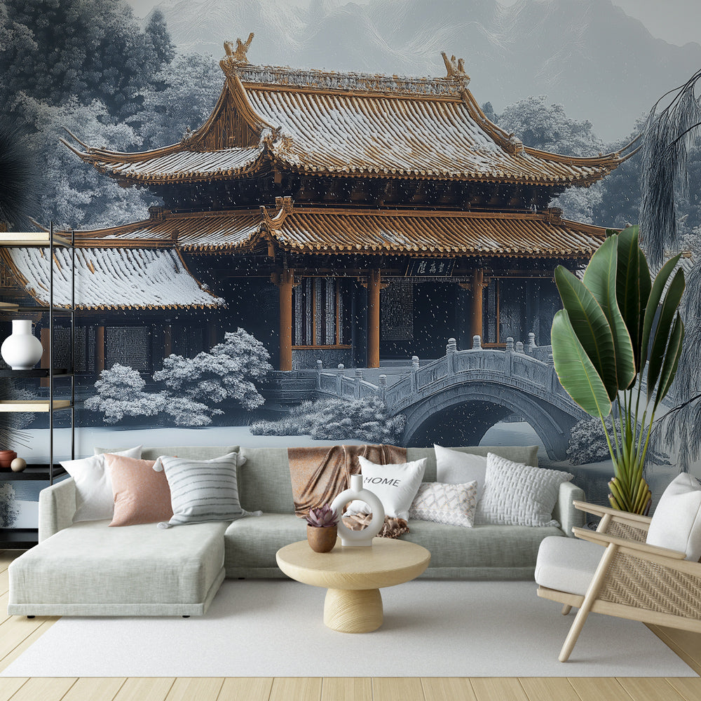 Japanese temple wallpaper creating a zen atmosphere in a modern living room with minimalist furniture