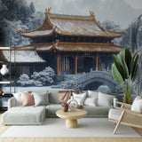 Japanese temple wallpaper creating a zen atmosphere in a modern living room with minimalist furniture