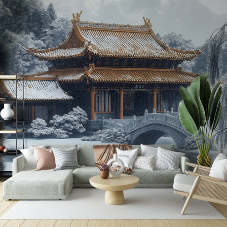 Japanese temple wallpaper creating a zen atmosphere in a modern living room with minimalist furniture