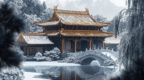 Japanese temple winter scene design file showing detailed pagoda and snow pattern
