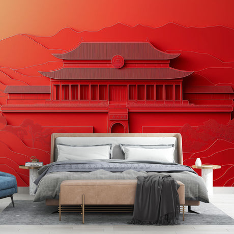 Japanese temple wallpaper creating dramatic impact in modern living room with red accent wall and minimal furniture