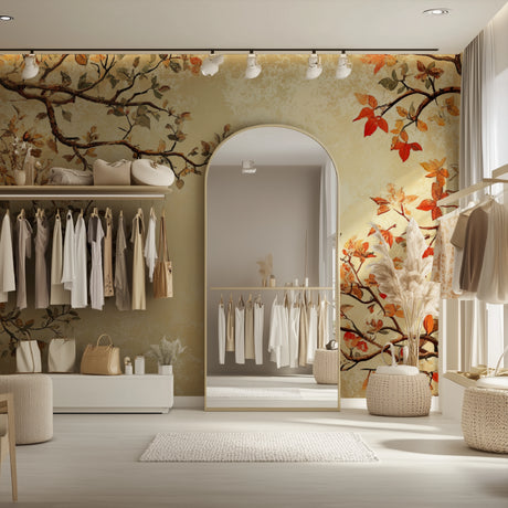 Japanese tree wallpaper in modern living room with beige sofa and natural light