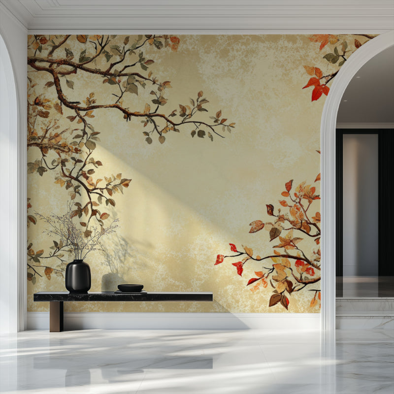 Oriental tree mural in minimalist dining room setting