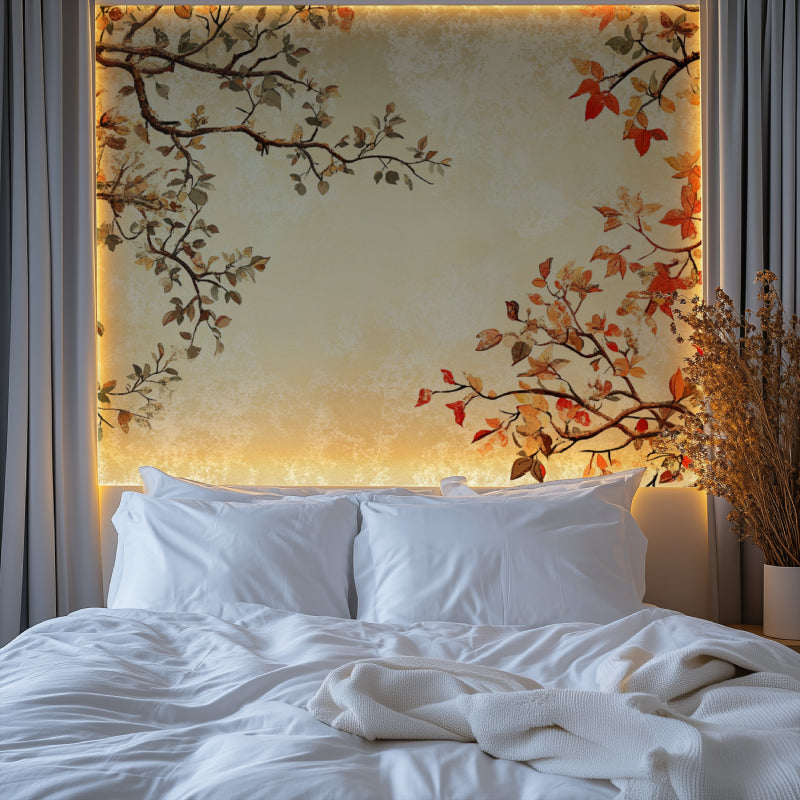 Japanese autumn tree wallpaper in master bedroom with wooden furniture