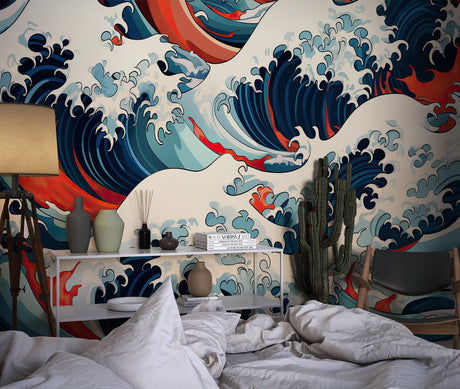 Japanese wave wallpaper creating dramatic impact in modern living room with blue sofa and minimal decor